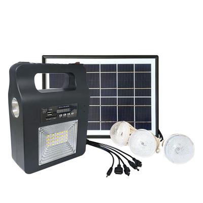 China Blue Tooth FM 5W USB Charger Home System Panel Solar Power Generator Home Kit Speaker with 6V 3 LED Bulbs Light Outdoor Lighting for sale