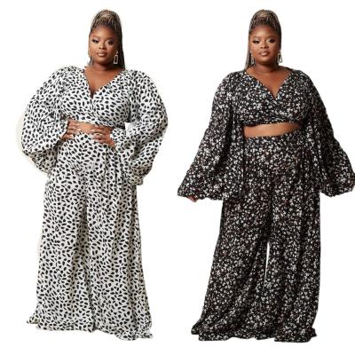 China Cyalaa YM185 Sustainable Women Plus Size 2pcs Fashion Sets Casual Set Long Lantern Sleeve Top And Wide Leg Panty 2 Piece Set for sale