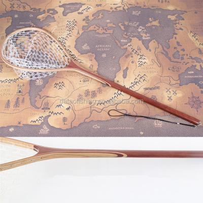 China 127Lcm*35Wcm*47Dcm wooden fish landing net long rubber net handle for sale