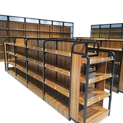 China Double Sided Supermarket Shelves Metal Design Wooden Shelf Display Rack Rack For Store Mall for sale