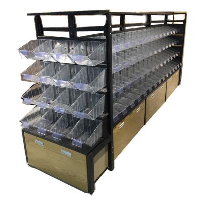 China Single-sided supermarket bulk goods show racks center shef snack display metal wood shelf for sale