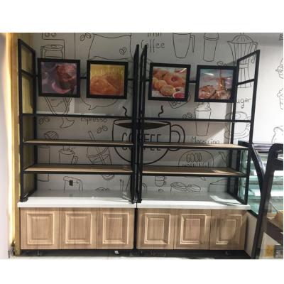 China Beautiful Single Sided Modern Wooden Bread Display Rack Shelves for sale