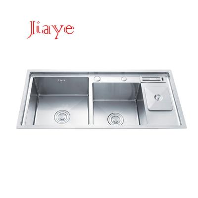 China Rectangular Faucet OEM Free & Arc SUS 304 Stainless Steel Hand Made Drop In 100 Double Bowl Waste Bin Kitchen Sink 46 Steps for sale