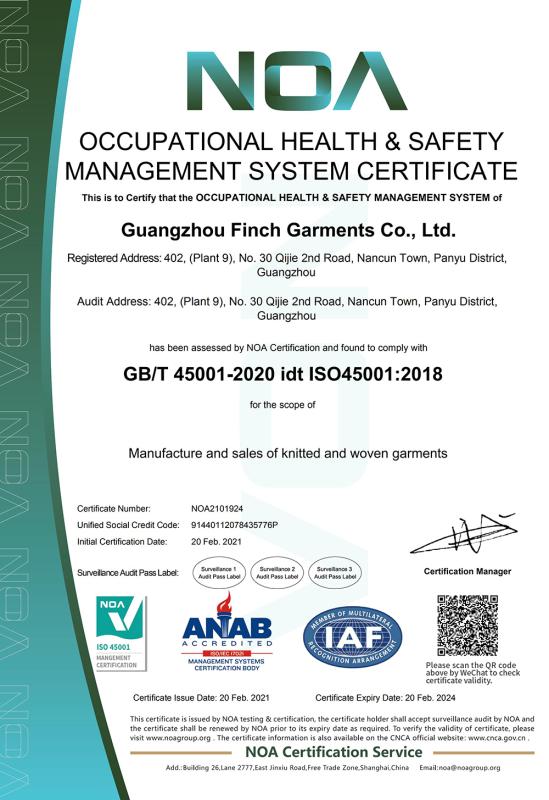 ISO 45001 - Guangzhou Finch Garments Co., Ltd.