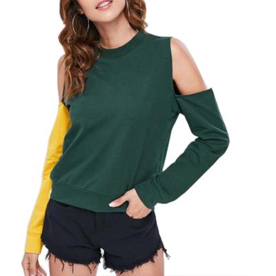 China Anti-Wrinkle Women's Fashion Long Sleeve Mock Neck 2 Color Sweatshirt Two Tone Cold Shoulder T-Shirt for sale