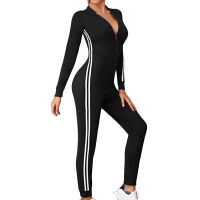 China Anti-Wrinkle Custom 2 Piece Long Sleeve Overalls For Women Spring Side Stripe One Piece Overalls Black for sale