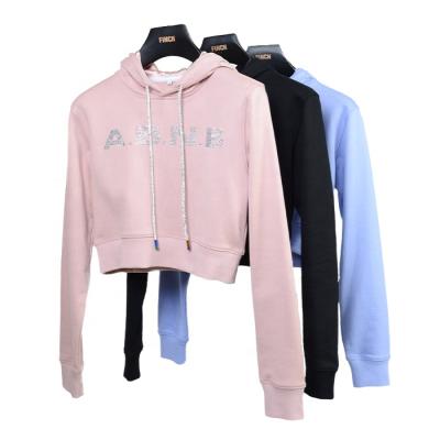 China wholesale women apparel hoodies anti-wrinkle finch garment crop rhinestone pullover high quality custom satin striped hoodie for women for sale