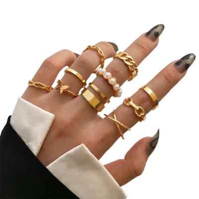 China K276 10pcs Fashion Chain Rings Punk Gold Color For Women Girls Butterfly Pearl Ring Set Adjustable for sale