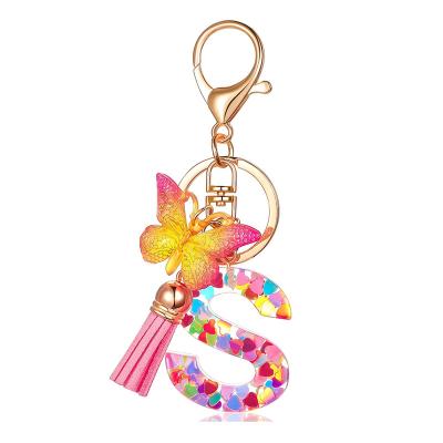 China Pretty Gift K216 Butterfly Letter Keychains Women English Alphabet KeyChains Tassels Acrylic Keychain Holder Pendent Gift Accessory for sale