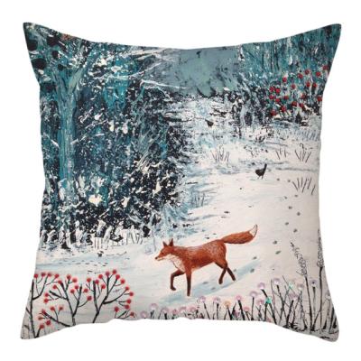 China Q001 Merry Christmas Anti-Static Pillow Case Christmas Deer In The Snow Forest Picture Cushion Cover For Home Sofa Decor Short Plush Pillowcases for sale