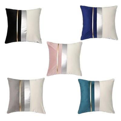 China Q050 Modern Anti-static Color Block Patchwork Velvet Tile Case With Striped Faux Leather Luxury Decorative Cushion Cover for sale