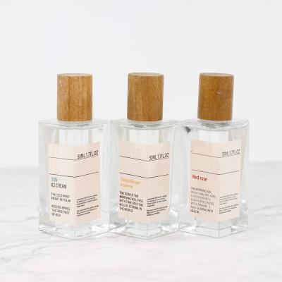 China 50ml 100ml Rectangle Vintage Square Cosmetic Classic Glass Custom Logo 50ml Perfume Spray Bottle With Wooden Cap Box for sale