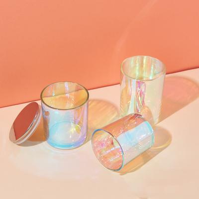 China Home Decoration Custom Design Iridescent Empty Glass Jar Luxury Holographic Fashion Rainbow Color Candle Jar With Lid for sale