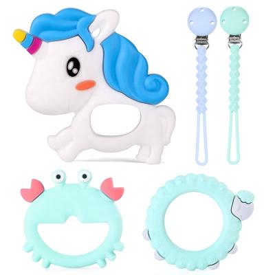 China New Design BPA Free Baby Infant Toys Pink Ratchets Food Grade Safe Silicon Rubber Unicorn Chew Teether Mordedores Soft Style for sale