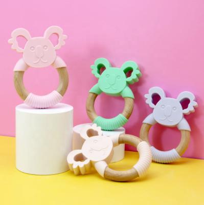 China Hot Selling High Quality Food Grade Baby Easy Hold Cute Rabbit Koala Animal Beech Wood Shape Teether Ring Food Grade Silicone for sale