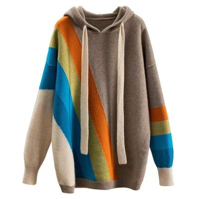 China New Design Breathable Cropped Women Winter Soft Knit Colorful Hooded Sweater V-Neck Striped Sweater Women Pullover Sweater for sale