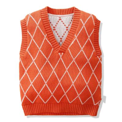 China OEM 2023 spring custom anti-pilling kids knitted sweater 100% cotton diamond jacquard vest sleeveless sweaterJumper sweaters for sale