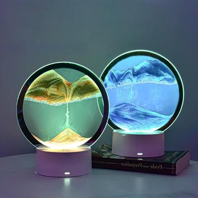 China Modern 7 Colors LED Sand Painting 3D Moving Sand Art Picture Round Glass Flowing Sand Hourglass Night Light Room Table Lamp Home Decor for sale