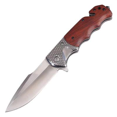 China Screw Release Handle Wood Folding Pocket Knife Camping Emergency Outdoor Knife With Glass Breaker And Belt Cutter for sale