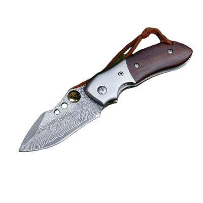 China High Quality Hot Sale Camping Knife Damascus Folding Pocket Knife EDC Knife With Wooden Handle for sale