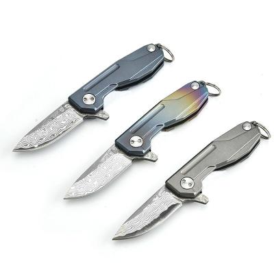 China Screw Release Amazon Hot Sale Damascus Pocket EDC Steel Small Folding Knife With Gradient Color Titanium Handle for sale