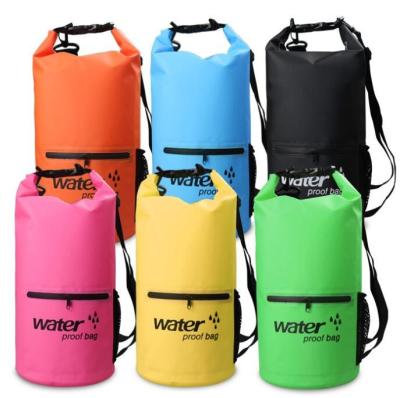 China PVC Laminated Fabric 10L 20L Waterproof Floating Backpack Dry Bag With Front Zippered Pocket And Mesh Bag for sale