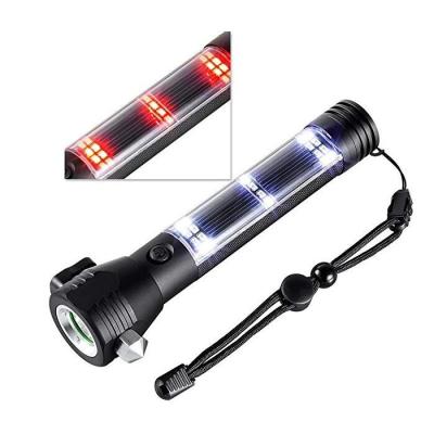 China Emergency Camping LED Solar Tactical Flashlight, Car Rechargeable Torch Flashlight Outdoor Super Bright Torch With Safety Hammer for sale