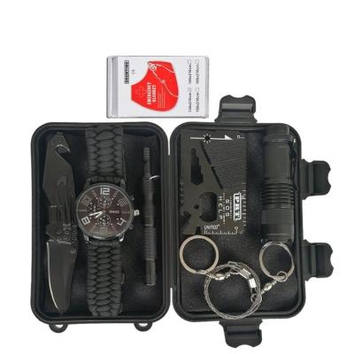 China Professional Metal/ABS Survival SOS Gear Tools Emergency Outdoor Camping Survival Kit With Fire Starter Watch Knife for sale