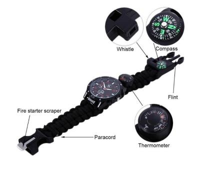 China Survival Watch 7 in 1 Multifunctional Survival Paracordd Wristband Camping Watch with Fire Starter Compass Thermometer for sale