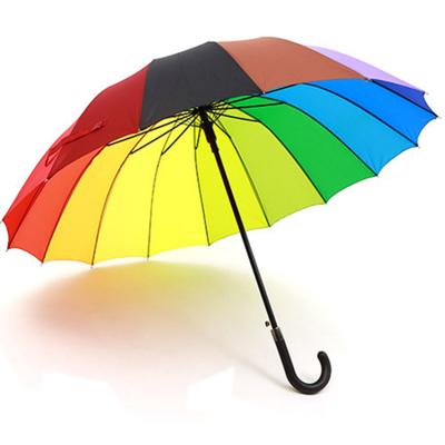 China All In 1 Wholesale Polyester 16 Straight Handle Windproof Ribs Cheap Colorful Rainbow Golf Umbrella for sale