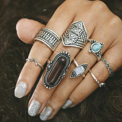 China Ethnic Style Gemstone Turquoise Combination Rings Fashion New Retro Exaggerated Set for sale