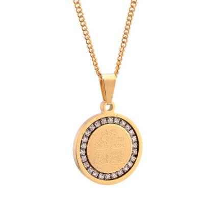 China Religious Men's Punk Jewelry 18K Gold Plated Zircon Totem Round Sign Letter Stainless Steel Pendant Necklace for sale