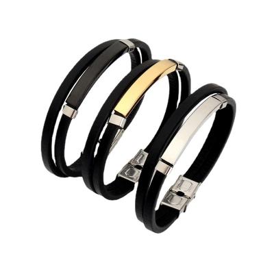 China Fashion Punk Jewelry Thin Bangle Birthday Gift Lettering Double Band PU Stainless Steel Bangle for sale