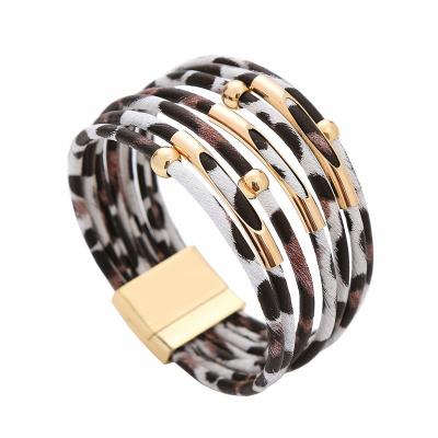 China New Leopard Print Magnet Punk Clasp Bracelet Female Leather Copper Tube Beaded PU Multilayer Bracelet for sale