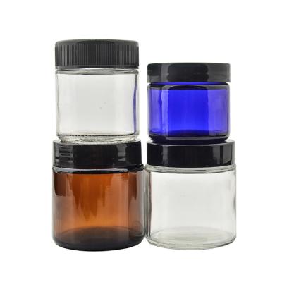 China Personal Care Amber Clear Cream Glass Jars Straight Sided Glass Jars With Striped Black Screw Cap Caps 2oz 3oz 4oz 6oz 8oz for sale