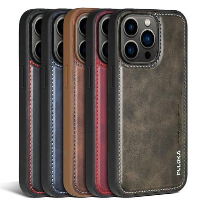 China Wholesale PULOKA Shockproof Simple Leather PU Cell Phone Case Cover For iPhone 14 Pro Series Leather Case for sale