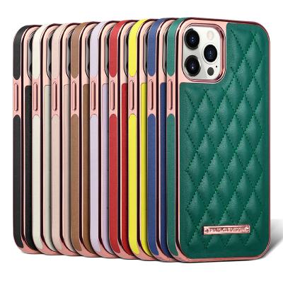 China PULOKA Shockproof Luxury High Quality Grid Pattern Plating Premium Leather Phone Case For iPhone 12 Pro Max Case iPhone Case for sale