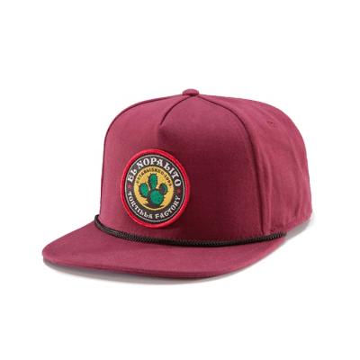 China JOINT Custom Flat Bill Hats Woven Patch Applique Patch Brown 5 Panel Rope Cap for sale