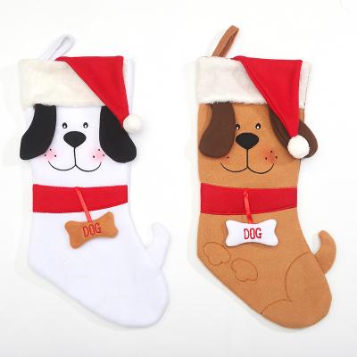 China 2022 hot selling fluffy Christmas decoration cartoon creative cute dog stocking dog christmas fiber khaki socks for sale