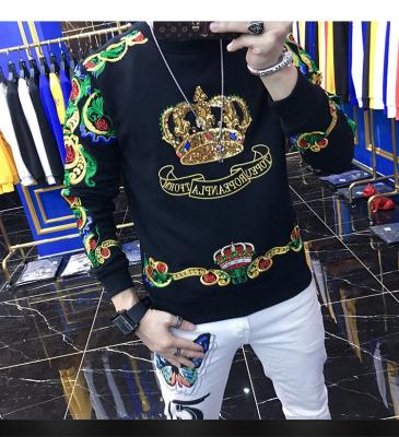 China Anti-pilling 2021 autumn and winter new heavy industry sequin embroidery crown men's sweater cotton round neck long sleeve T-shirt for sale