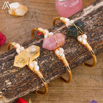 China TRENDY natural crystals stone double hexagon point bracelets, silver gold cuff bracelets, bulk wholesale for sale