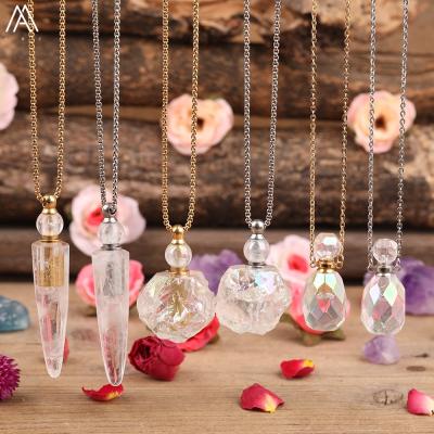 China Vintage Natural Aura White Quartz Stone Perfume Bottle Women Plated Crystal Stone Oil Bottle Gold Necklace for sale