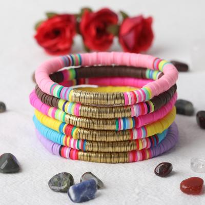 China Vintage Boho Heishi Bracelet 6mm Bright Pink Multicolor Polymer Clay Disc Bracelet for sale