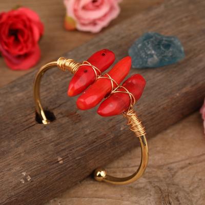 China FASHIONABLE Natural Red Coral Adjustable Tiny Bangle Gemstone Charm Cuff Bracelet Wire Wrapped Bangle for sale