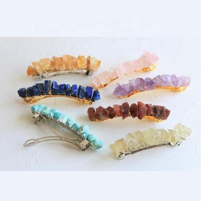 China Gemstone Accessory Chips Hair Women Jewelry, Amethyst Rose Quartz Nugget Spring Metal Hair Jewelry Clips for sale