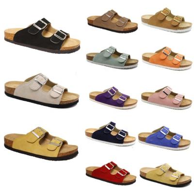 China Cheap Outdoor Beach Cork Sole Anti-odor Fashion Women Two Buckle Leather Flat Sandals for sale