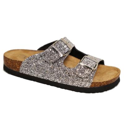 China MICRO FIBER Women Two Strap Comfort Silver Glitter Slippers Cork Shoes for sale