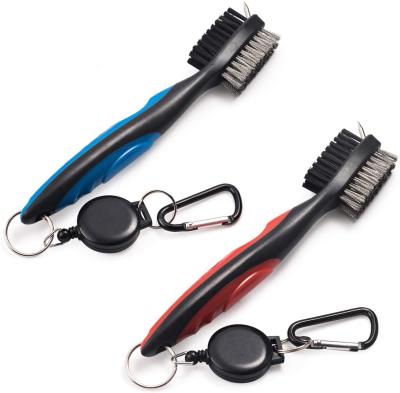 China 2 Golf Club Brush Groove Cleaner Clean Pack With Retractable Zipper And Aluminum Line Carabiner Cleaning Tools for sale