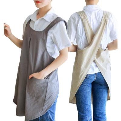 China Korea Handmade Aprons Customized Japanese Style Women 2 Pockets Cotton Canvas Apron For Kitchen Cooking Cleaning for sale