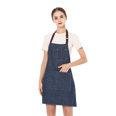 China Custom Logo Canvas Denim Apron Restaurant BBQ Apron Durable Wholesale Apron With Big Pocket for sale